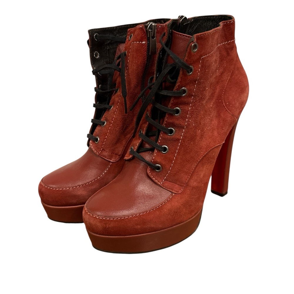 Red Lace-Up Ankle High Heel Boots